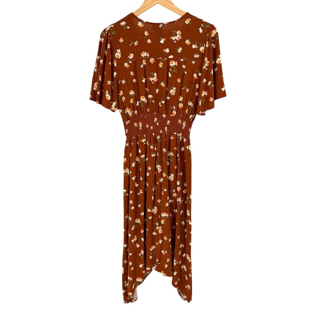 Wrangler Womens Medium Midi Dress Rust Floral Boho Smocked Waist Button Front - Picture 3 of 7